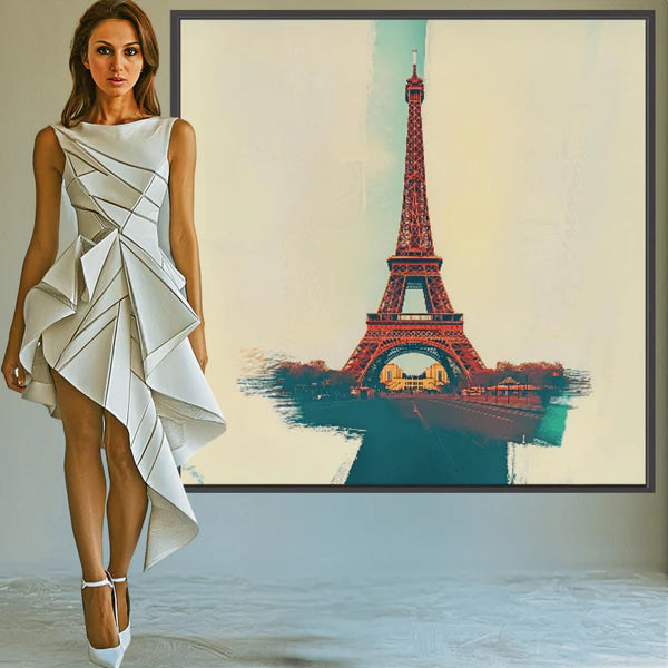 Abstract Eiffel Tower canvas print in bold colors, with fashion-forward woman in modern white dress standing beside it