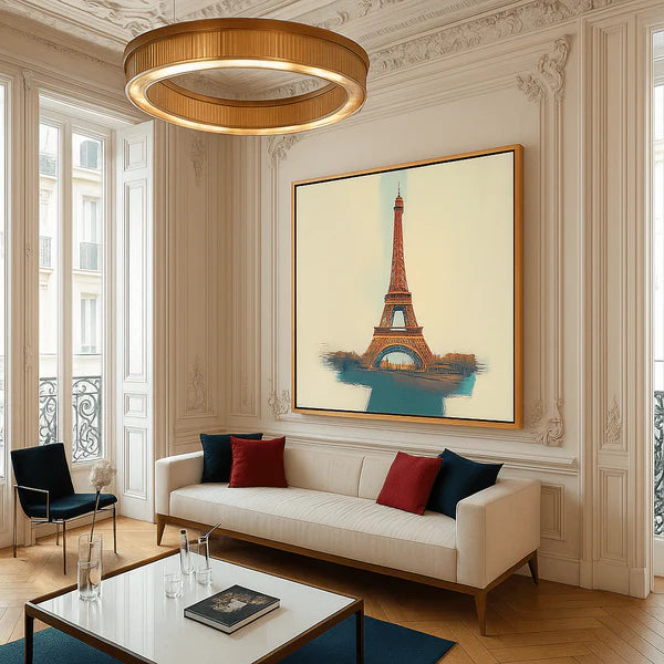 Abstract Eiffel Tower canvas print in bold colors, with fashion-forward woman in modern white dress standing beside it