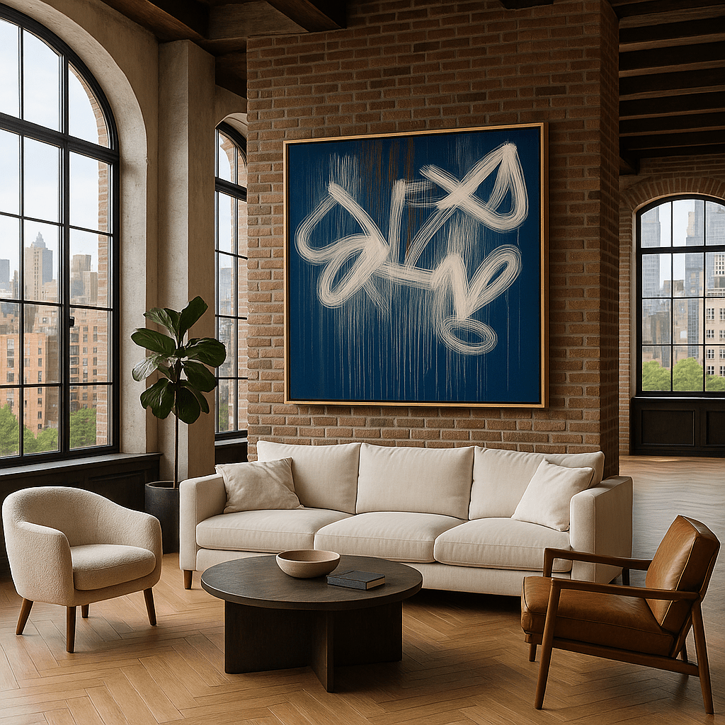 Canvas Print: Electric Blue Flow – Abstract Gesture Painting in White on Blue modern abstract canvas wall art by Rossetti Art – luxury interior design artwork for living room, bedroom, office – Contemporary Art for Sale contemporary art piece Contemporary art print