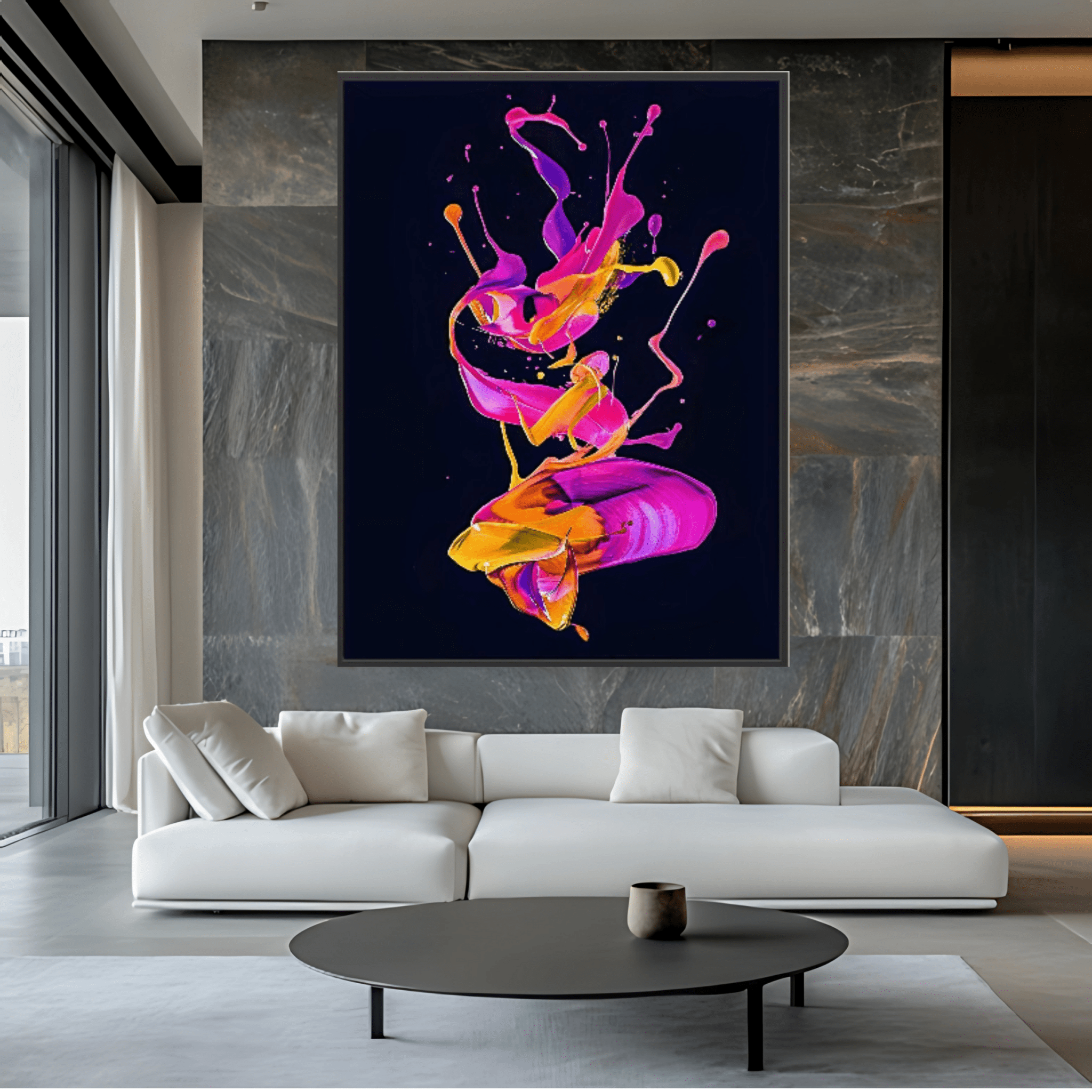 Canvas Print: "Electric Motion" - Vivid Abstract Paint Splash Wall Art modern abstract canvas wall art by Rossetti Art – luxury interior design artwork for living room, bedroom, office – Contemporary Art for Sale contemporary art piece Contemporary Canvas Art