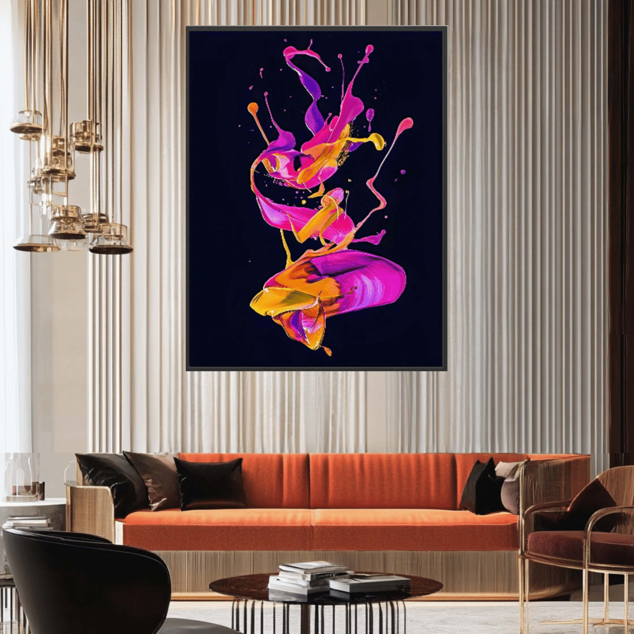 Canvas Print: "Electric Motion" - Vivid Abstract Paint Splash Wall Art modern abstract canvas wall art by Rossetti Art – luxury interior design artwork for living room, bedroom, office – Contemporary Art for Sale contemporary art piece Contemporary Canvas Art