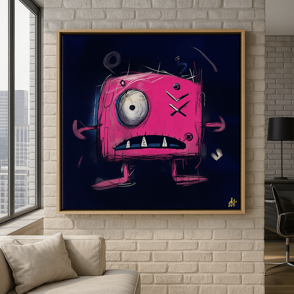 Canvas Print: Electric Whimsy – Contemporary Pop Art Monster Canvas Print in Neon Pink and Midnight Blue modern abstract canvas wall art by Rossetti Art – luxury interior design artwork for living room, bedroom, office – abstract wall art canvas print art Chiara Rossetti
