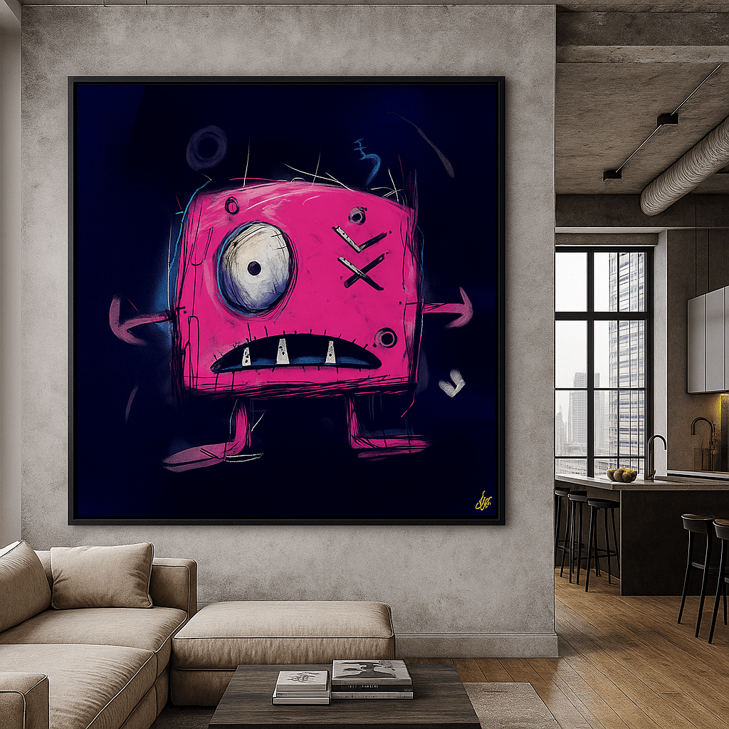 Canvas Print: Electric Whimsy – Contemporary Pop Art Monster Canvas Print in Neon Pink and Midnight Blue modern abstract canvas wall art by Rossetti Art – luxury interior design artwork for living room, bedroom, office – abstract wall art canvas print art Chiara Rossetti