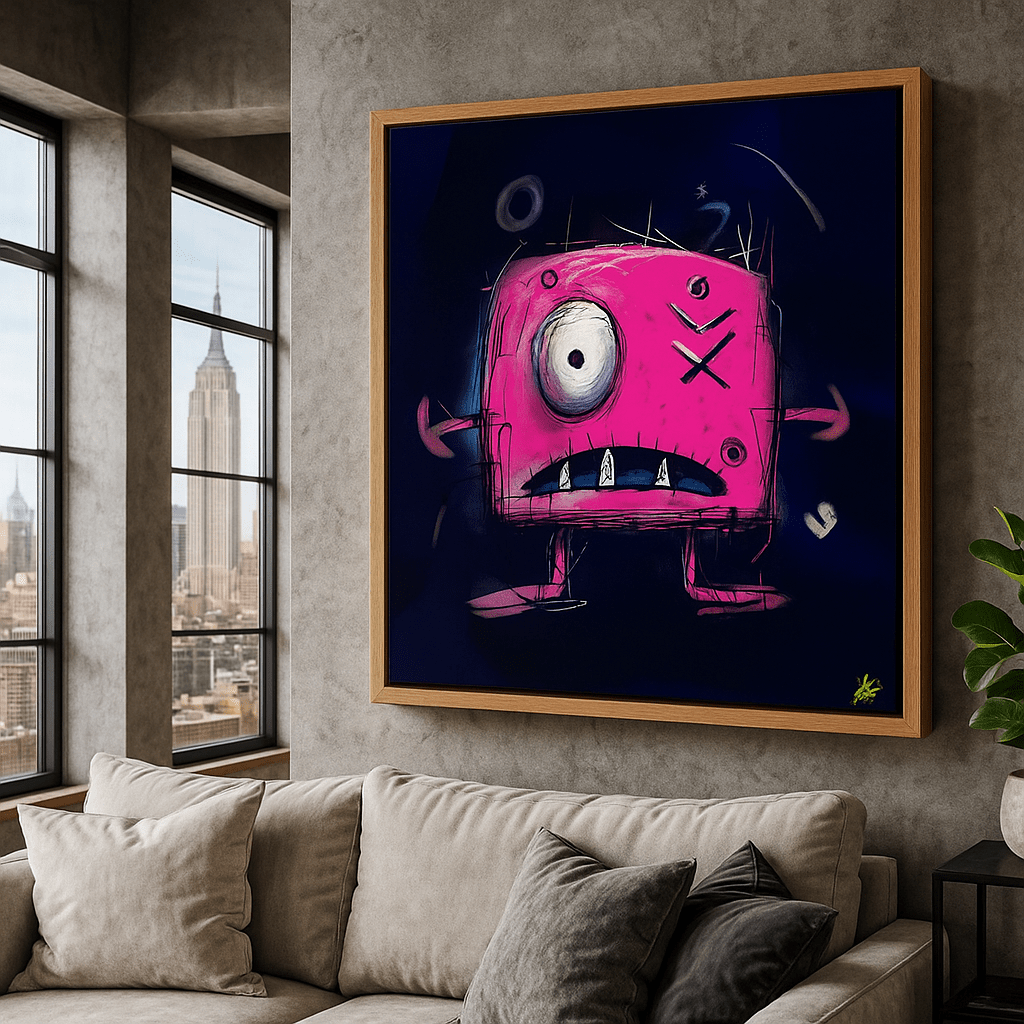 Canvas Print: Electric Whimsy – Contemporary Pop Art Monster Canvas Print in Neon Pink and Midnight Blue modern abstract canvas wall art by Rossetti Art – luxury interior design artwork for living room, bedroom, office – abstract wall art canvas print art Chiara Rossetti