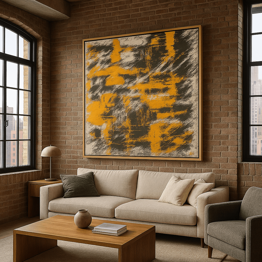 Canvas Print: Ember Motion – Abstract Expressionist Painting in Orange and Charcoal modern abstract canvas wall art by Rossetti Art – luxury interior design artwork for living room, bedroom, office – Contemporary Art for Sale contemporary art piece Contemporary art print