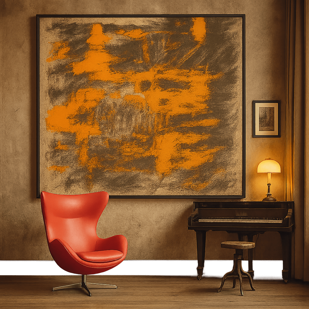 Canvas Print: Ember Motion – Abstract Expressionist Painting in Orange and Charcoal modern abstract canvas wall art by Rossetti Art – luxury interior design artwork for living room, bedroom, office – Contemporary Art for Sale contemporary art piece Contemporary art print