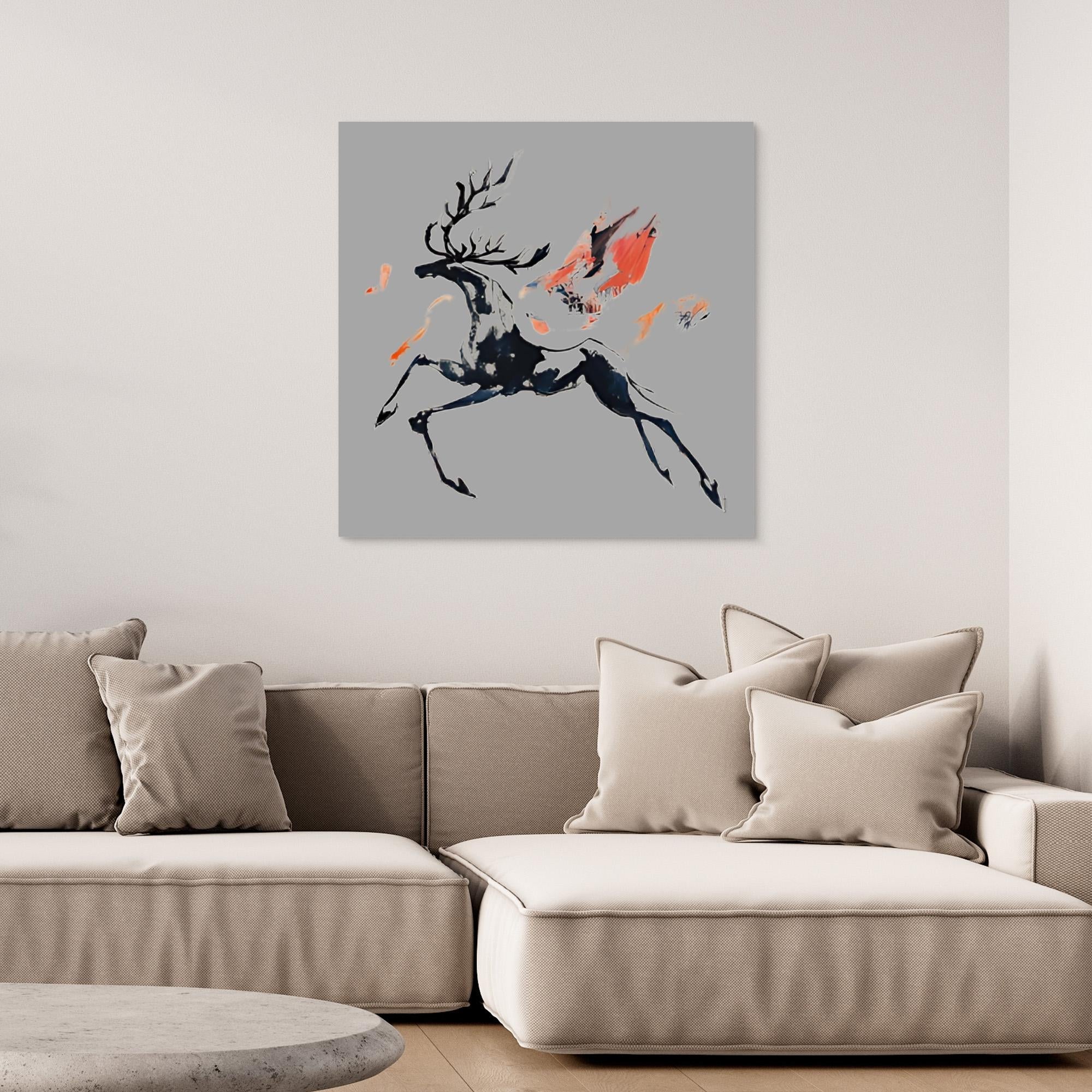 Canvas Print: Ember Stag in Motion – Deer Art Print modern abstract canvas wall art by Rossetti Art – luxury interior design artwork for living room, bedroom, office – Abstract Deer Print Fire Animal Painting Modern Wildlife Art