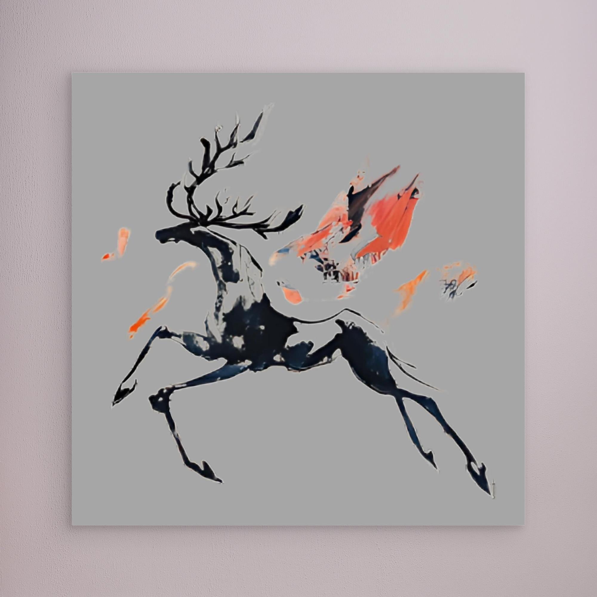 Canvas Print: Ember Stag in Motion – Deer Art Print modern abstract canvas wall art by Rossetti Art – luxury interior design artwork for living room, bedroom, office – Abstract Deer Print Fire Animal Painting Modern Wildlife Art
