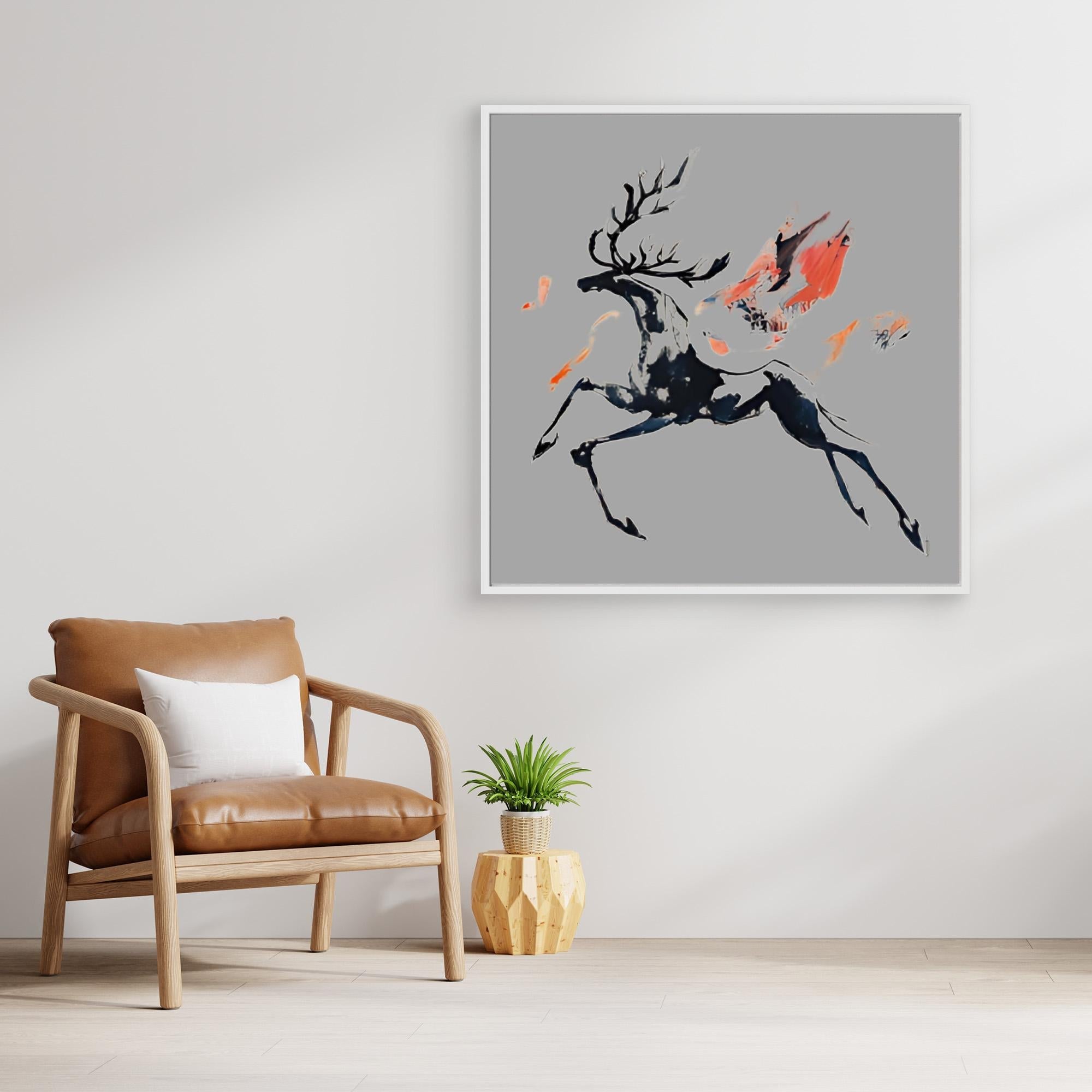 Canvas Print: Ember Stag in Motion – Deer Art Print modern abstract canvas wall art by Rossetti Art – luxury interior design artwork for living room, bedroom, office – Abstract Deer Print Fire Animal Painting Modern Wildlife Art