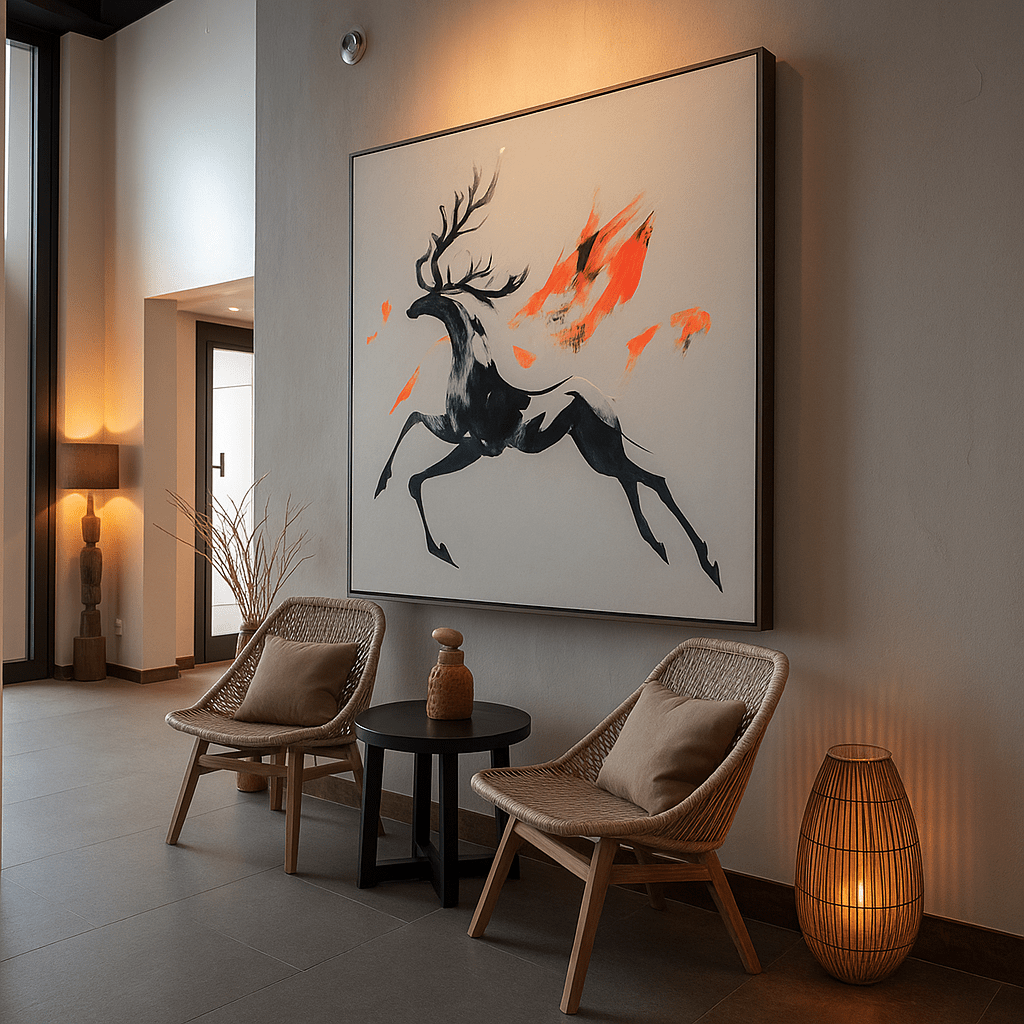 Canvas Print: Ember Stag in Motion – Deer Art Print modern abstract canvas wall art by Rossetti Art – luxury interior design artwork for living room, bedroom, office – Abstract Deer Print Fire Animal Painting Modern Wildlife Art