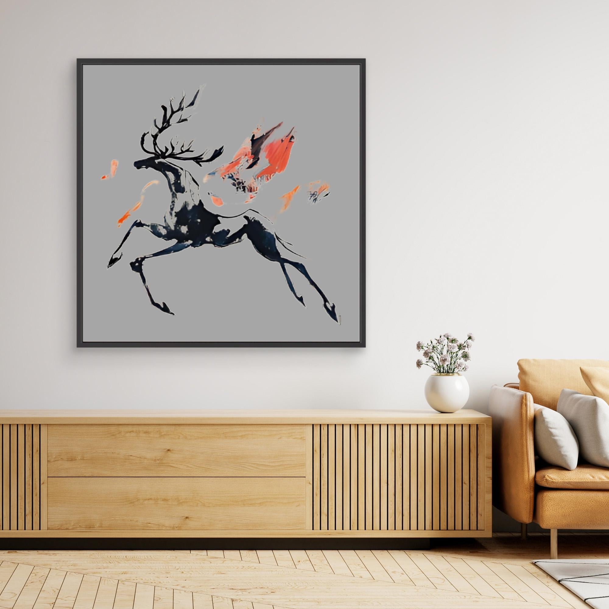 Canvas Print: Ember Stag in Motion – Deer Art Print modern abstract canvas wall art by Rossetti Art – luxury interior design artwork for living room, bedroom, office – Abstract Deer Print Fire Animal Painting Modern Wildlife Art
