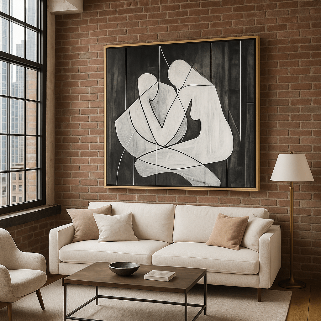 Canvas Print: Embrace in Lines - Minimalist Black and White Figurative Art modern abstract canvas wall art by Rossetti Art – luxury interior design artwork for living room, bedroom, office – Bold and Dynamic Artistic Home Accent Colorful Statement Wall Art Contemporary Grid Art