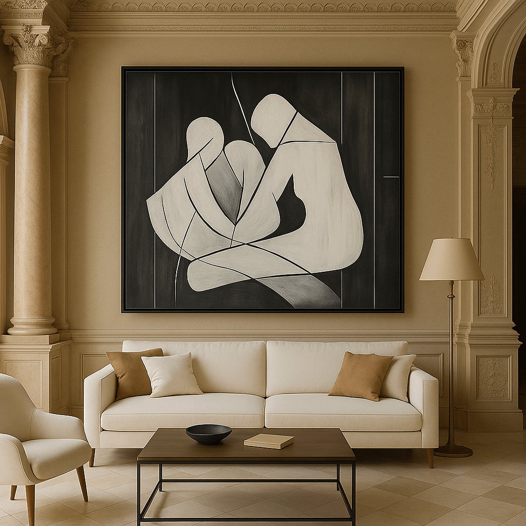 Canvas Print: Embrace in Lines - Minimalist Black and White Figurative Art modern abstract canvas wall art by Rossetti Art – luxury interior design artwork for living room, bedroom, office – Bold and Dynamic Artistic Home Accent Colorful Statement Wall Art Contemporary Grid Art