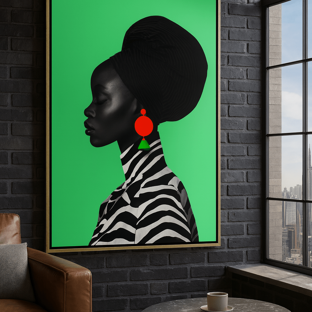 Canvas Print : Emerald Muse – Modern Afro - Inspired Canvas Print | Bold Contemporary Wall Art by Rossetti Art modern abstract canvas wall art by Rossetti Art – luxury interior design artwork for living room, bedroom, office – figurative modern abstract modern abstract artwork