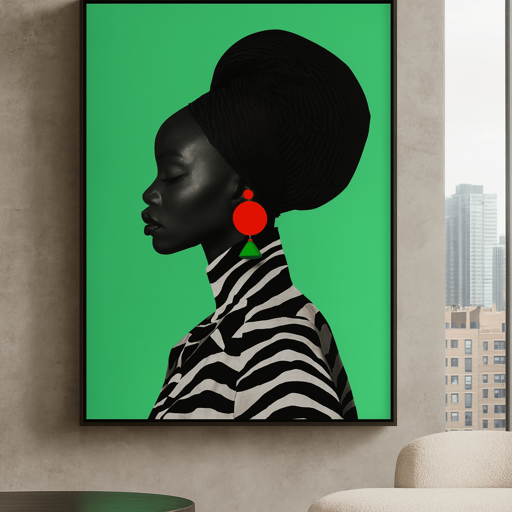 Canvas Print : Emerald Muse – Modern Afro - Inspired Canvas Print | Bold Contemporary Wall Art by Rossetti Art modern abstract canvas wall art by Rossetti Art – luxury interior design artwork for living room, bedroom, office – figurative modern abstract modern abstract artwork