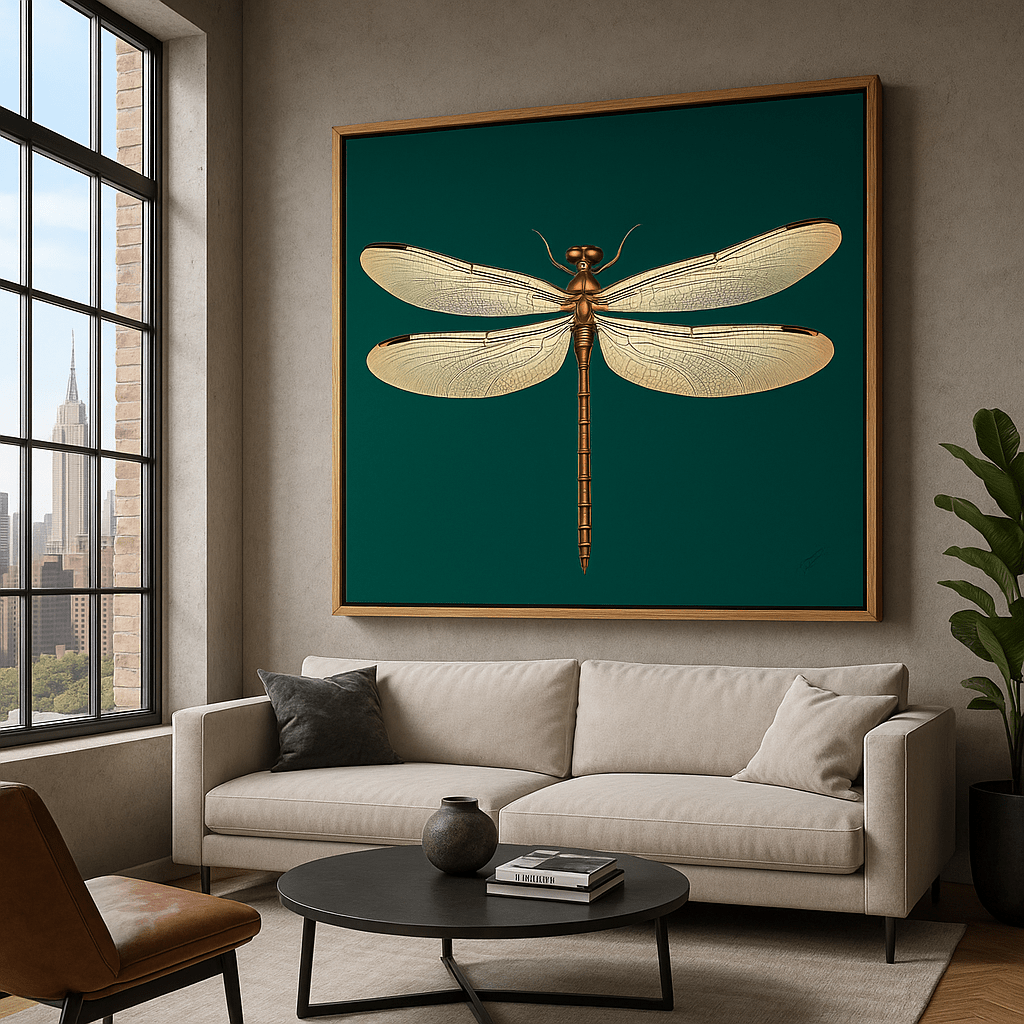 Canvas Print: Emerald Winged Still – Dragonfly Botanical Print Art modern abstract canvas wall art by Rossetti Art – luxury interior design artwork for living room, bedroom, office – contemporary art piece Contemporary Canvas Art Contemporary canvas print