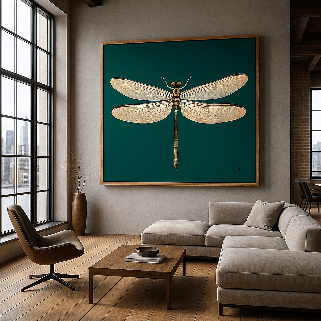 Canvas Print: Emerald Winged Still – Dragonfly Botanical Print Art modern abstract canvas wall art by Rossetti Art – luxury interior design artwork for living room, bedroom, office – contemporary art piece Contemporary Canvas Art Contemporary canvas print