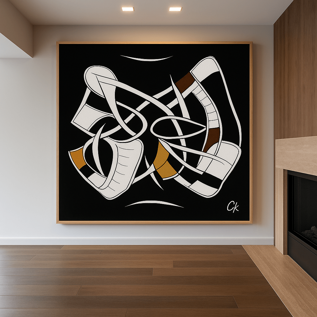 Canvas Print: Entangled Motion – Abstract Black, White & Gold Wall Art modern abstract canvas wall art by Rossetti Art – luxury interior design artwork for living room, bedroom, office – Bold and Dynamic Artistic Home Accent Colorful Statement Wall Art Contemporary Grid Art