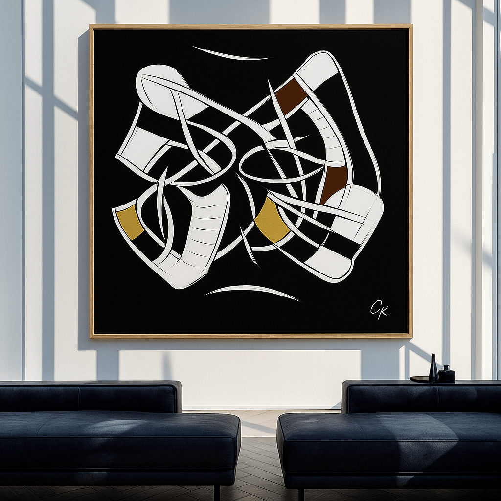 Canvas Print: Entangled Motion – Abstract Black, White & Gold Wall Art modern abstract canvas wall art by Rossetti Art – luxury interior design artwork for living room, bedroom, office – Bold and Dynamic Artistic Home Accent Colorful Statement Wall Art Contemporary Grid Art