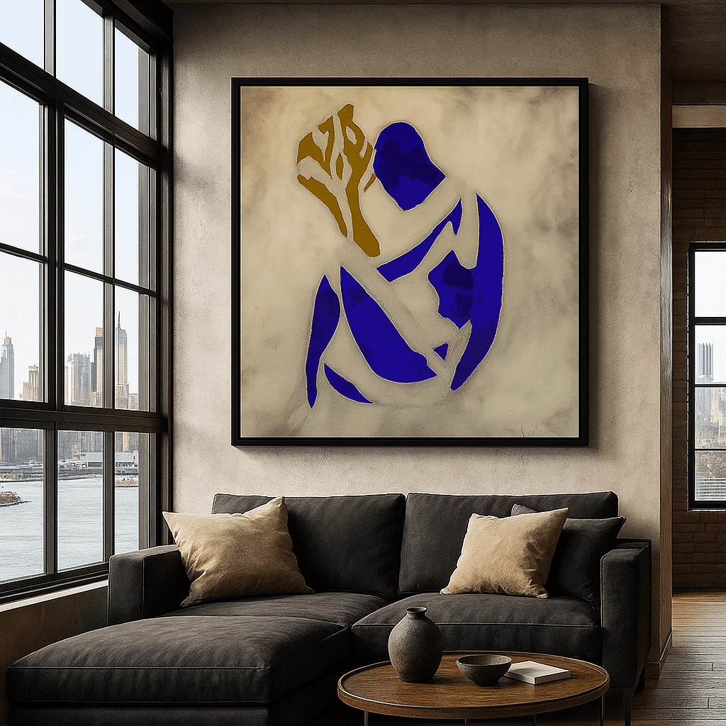 Canvas Print : Eternal Roots – Abstract Tree & Figure Canvas Wall Art modern abstract canvas wall art by Rossetti Art – luxury interior design artwork for living room, bedroom, office – Abstract art print Abstract tree and figure canvas print in cobalt blue and gold. Minimalist modern wall art with symbolic depth for luxury living rooms and offices. Contemporary Art for Sale