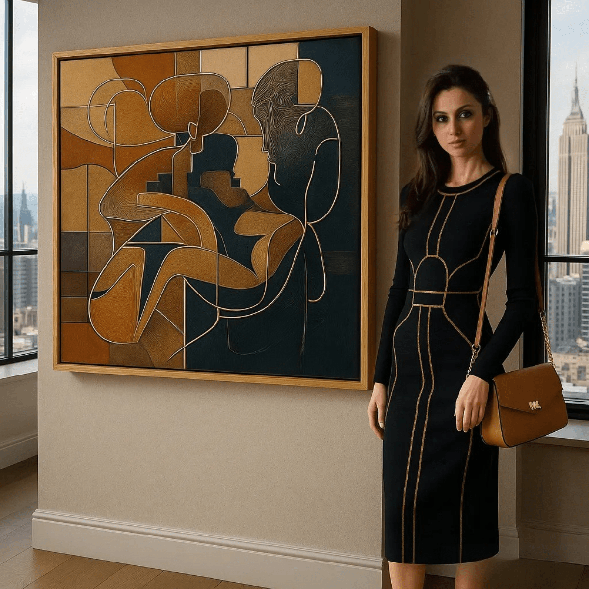 Canvas Print: "Ethereal Connection" - Modern Abstract Love Art modern abstract canvas wall art by Rossetti Art – luxury interior design artwork for living room, bedroom, office – Abstract Love Canvas Art Gold and Navy Romantic Painting Modern Couple Wall Art