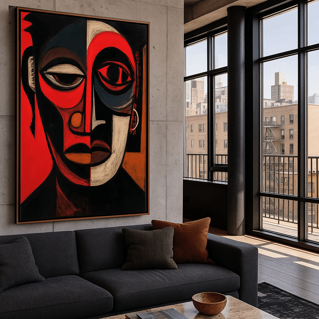 Canvas Print : "Eyes of Duality" – Red & Black Abstract Face Canvas Art Print - Chiara Rossetti