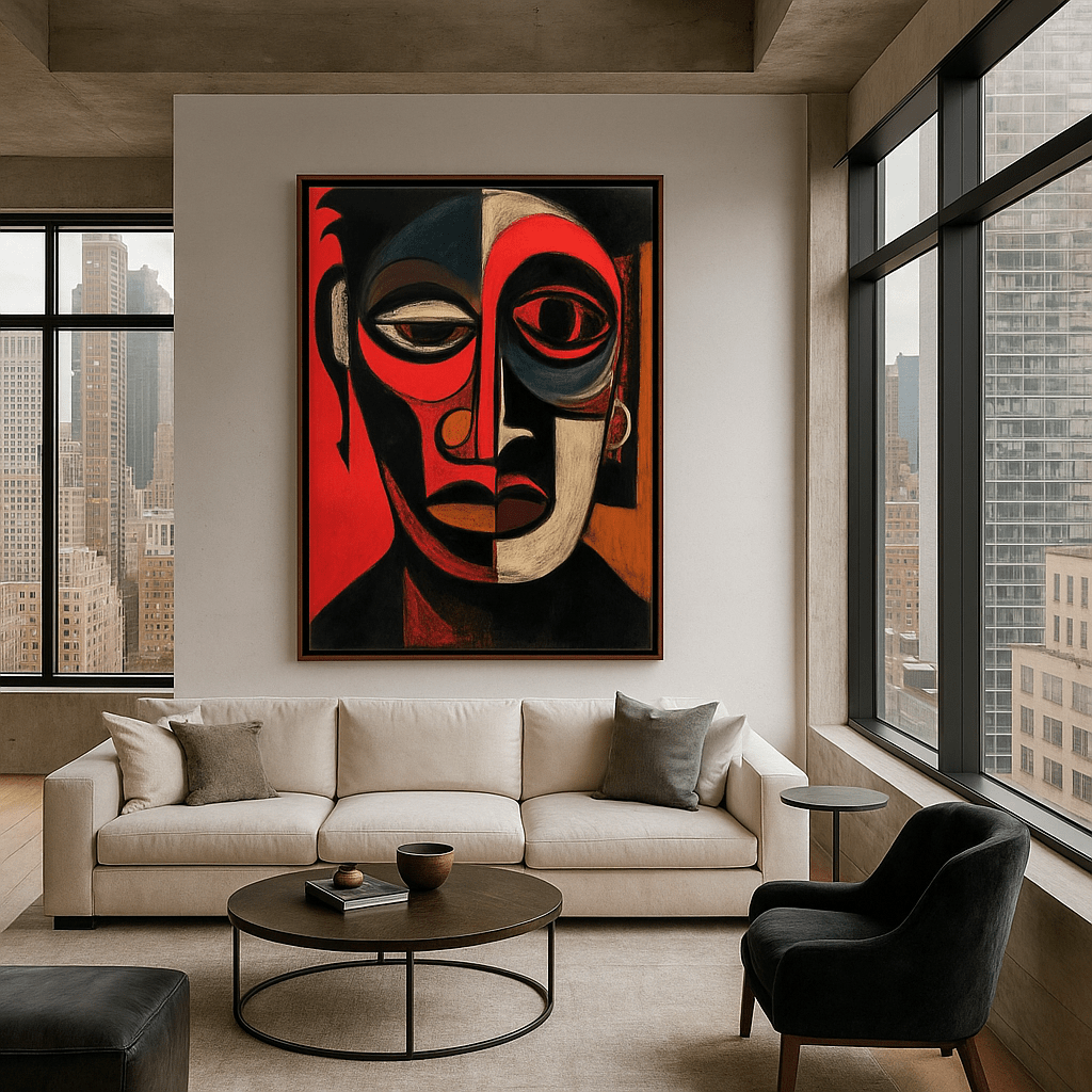Canvas Print : "Eyes of Duality" – Red & Black Abstract Face Canvas Art Print - Chiara Rossetti