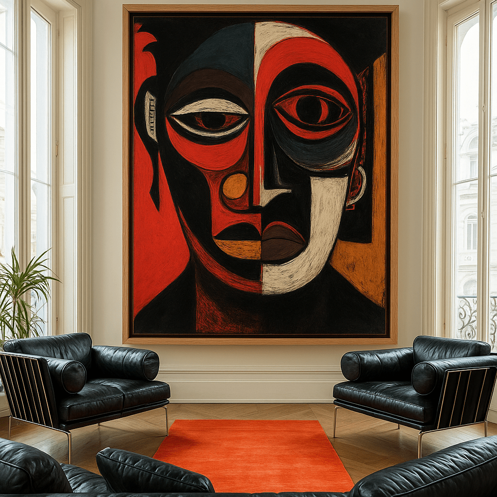 Canvas Print : "Eyes of Duality" – Red & Black Abstract Face Canvas Art Print - Chiara Rossetti
