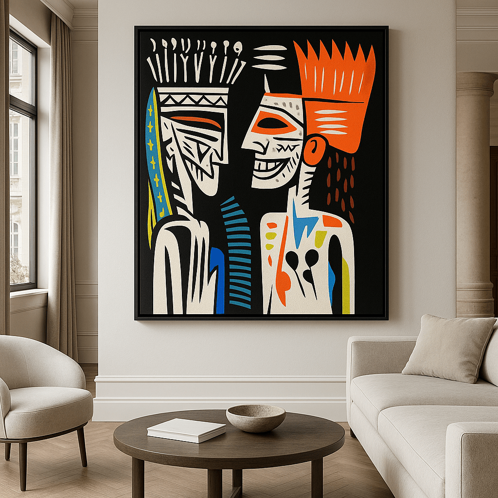 Canvas Print : Faces of Fire & Rhythm - Colorful Tribal Art modern abstract canvas wall art by Rossetti Art – luxury interior design artwork for living room, bedroom, office – abstract graphic portrait afro pop wall art bold geometric decor