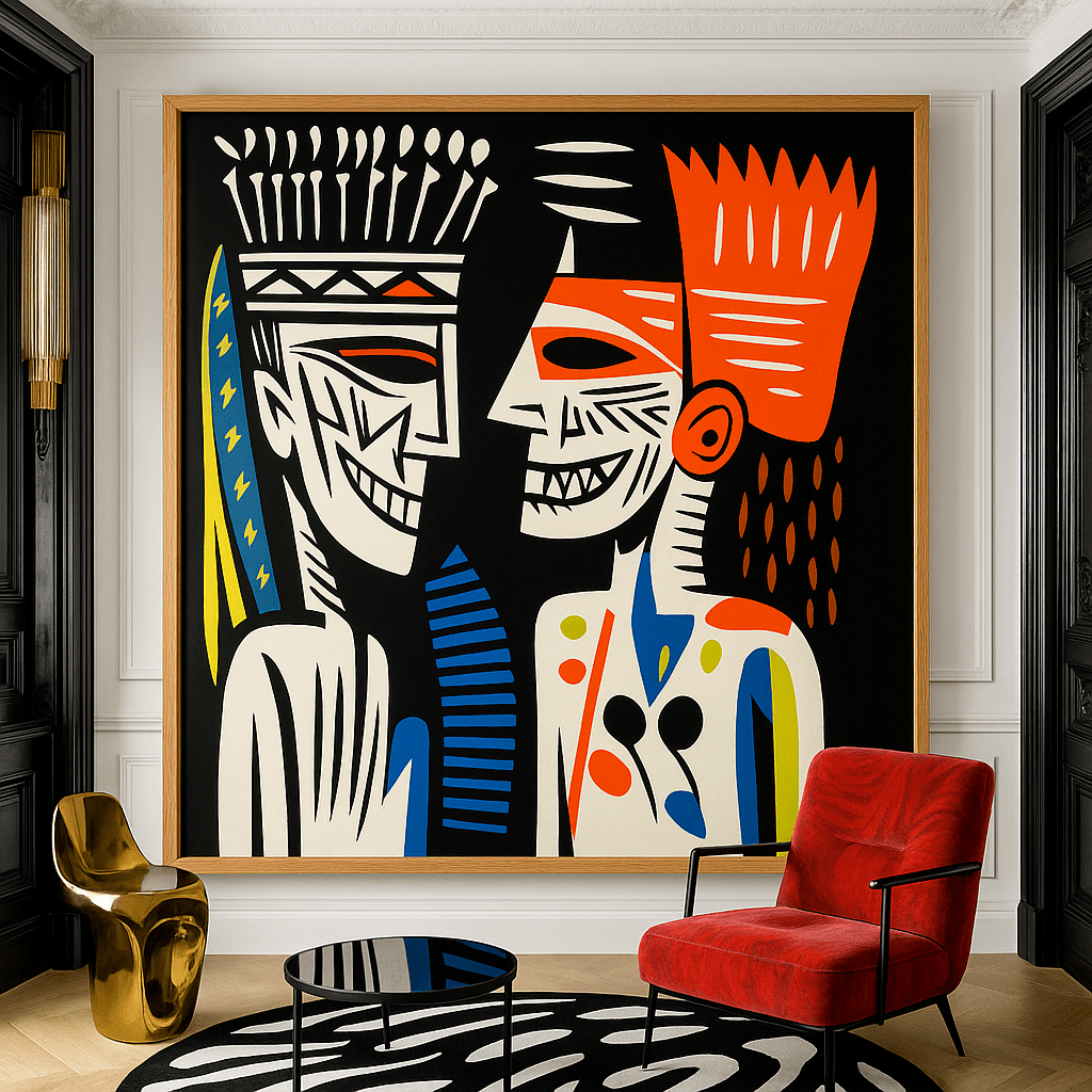 Canvas Print : Faces of Fire & Rhythm - Colorful Tribal Art modern abstract canvas wall art by Rossetti Art – luxury interior design artwork for living room, bedroom, office – abstract graphic portrait afro pop wall art bold geometric decor