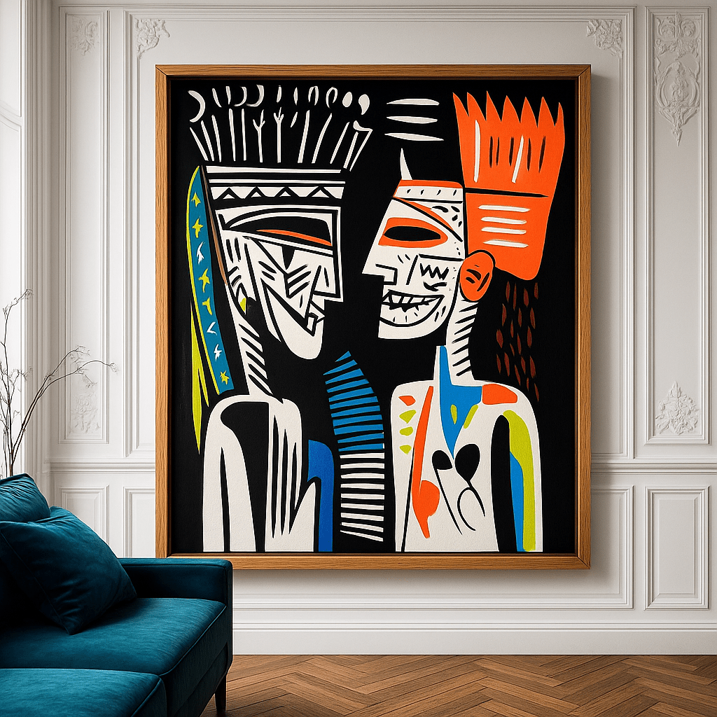 Canvas Print : Faces of Fire & Rhythm - Colorful Tribal Art modern abstract canvas wall art by Rossetti Art – luxury interior design artwork for living room, bedroom, office – abstract graphic portrait afro pop wall art bold geometric decor