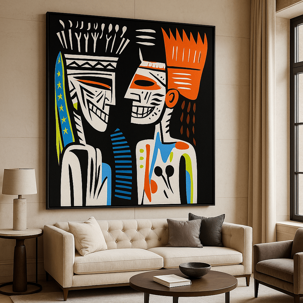 Canvas Print : Faces of Fire & Rhythm - Colorful Tribal Art modern abstract canvas wall art by Rossetti Art – luxury interior design artwork for living room, bedroom, office – abstract graphic portrait afro pop wall art bold geometric decor