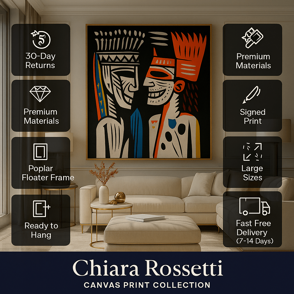 Canvas Print : Faces of Fire & Rhythm - Colorful Tribal Art modern abstract canvas wall art by Rossetti Art – luxury interior design artwork for living room, bedroom, office – abstract graphic portrait afro pop wall art bold geometric decor