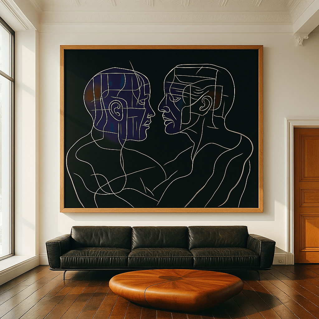 Canvas Print: Facing Souls - Abstract Line Art on Black Background modern abstract canvas wall art by Rossetti Art – luxury interior design artwork for living room, bedroom, office – contemporary art piece Contemporary Canvas Art Contemporary canvas print