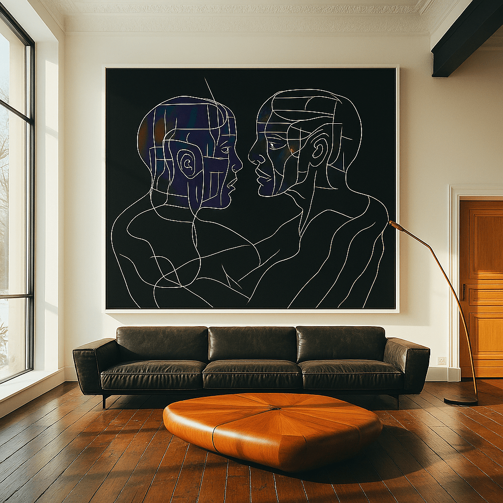 Canvas Print: Facing Souls - Abstract Line Art on Black Background modern abstract canvas wall art by Rossetti Art – luxury interior design artwork for living room, bedroom, office – contemporary art piece Contemporary Canvas Art Contemporary canvas print