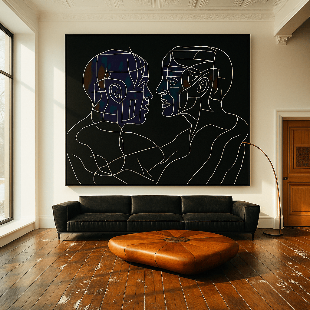 Canvas Print: Facing Souls - Abstract Line Art on Black Background modern abstract canvas wall art by Rossetti Art – luxury interior design artwork for living room, bedroom, office – contemporary art piece Contemporary Canvas Art Contemporary canvas print