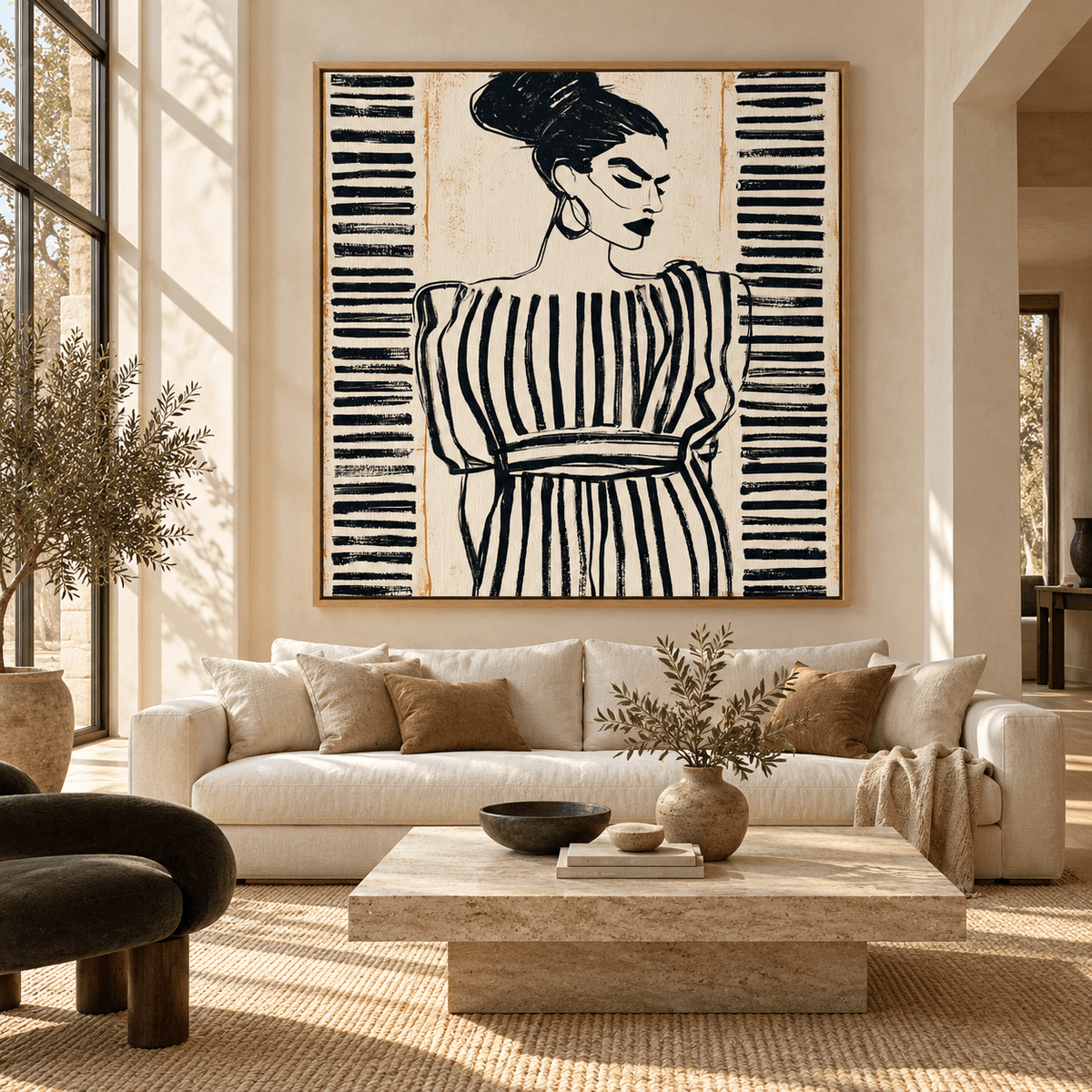 Feminine Wall Art – Striped Resolve by Rossetti Art, large canvas print above a cream sofa in a sunlit living room