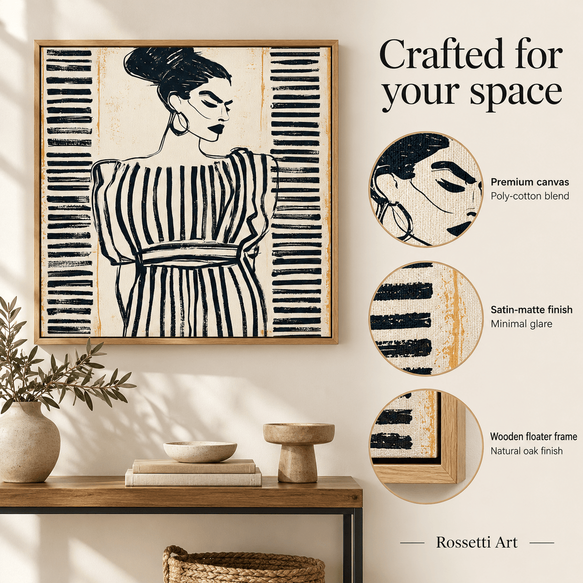 Feminine Wall Art – Striped Resolve by Rossetti Art, premium canvas, satin-matte finish and floater frame details