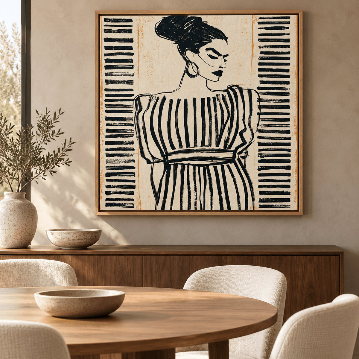 Feminine Wall Art – Striped Resolve by Rossetti Art, canvas print above a sideboard in a warm dining room