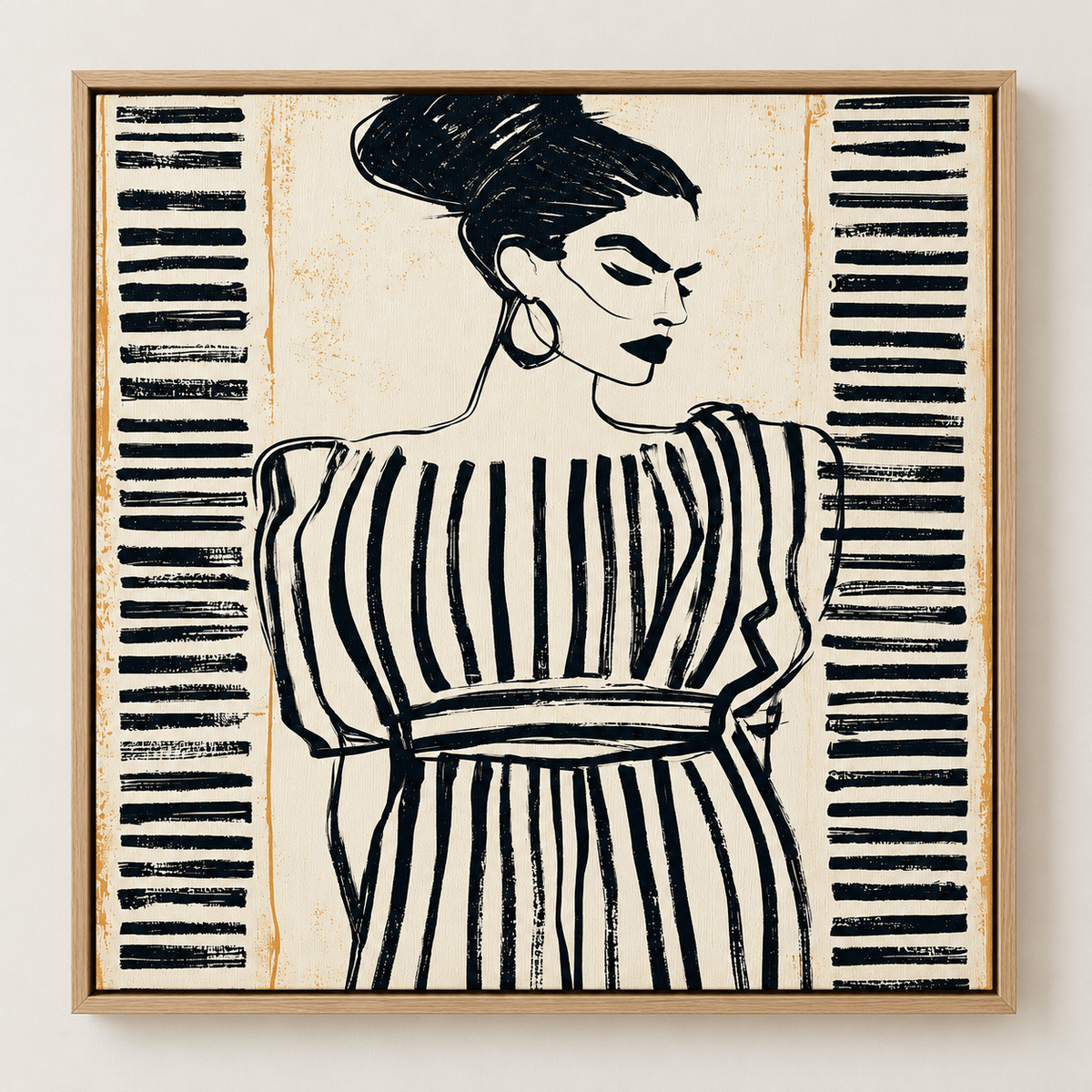 Feminine Wall Art – Striped Resolve by Rossetti Art, square canvas print of a poised woman in a striped dress in black ink on cream