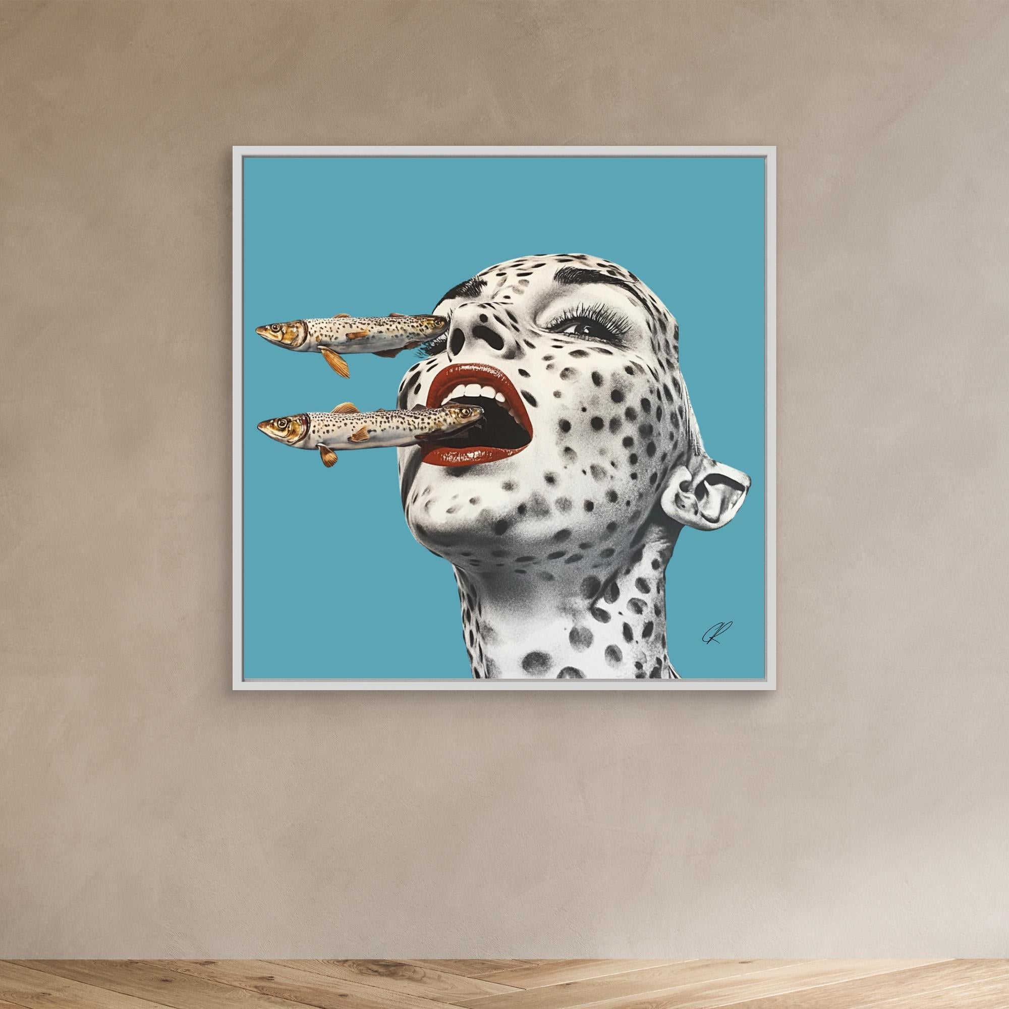 Canvas Print: Feral Instincts – Surreal Fish Art modern abstract canvas wall art by Rossetti Art – luxury interior design artwork for living room, bedroom, office – Contemporary Portrait Cyan Wall Decor Fish Wall Print