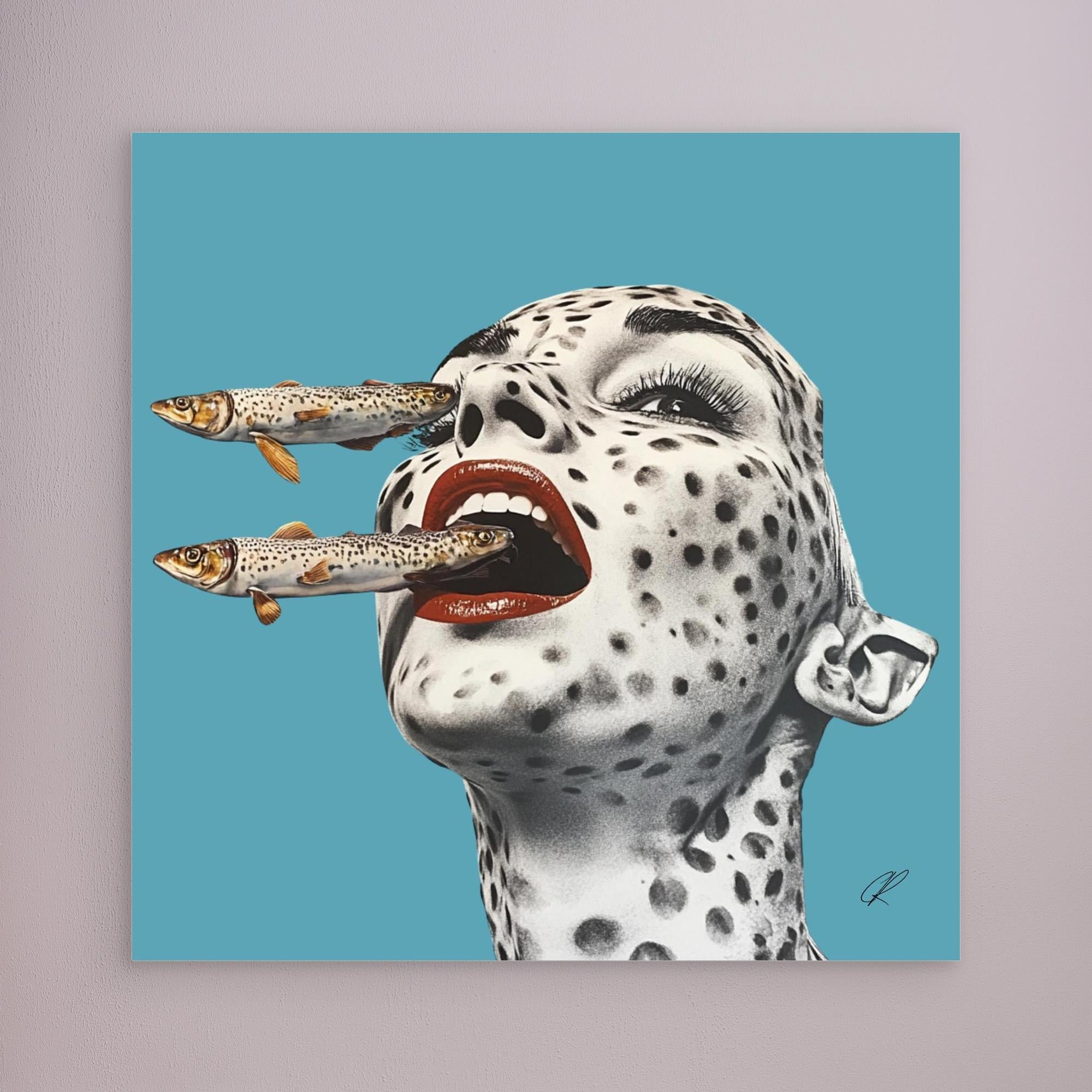 Canvas Print: Feral Instincts – Surreal Fish Art modern abstract canvas wall art by Rossetti Art – luxury interior design artwork for living room, bedroom, office – Contemporary Portrait Cyan Wall Decor Fish Wall Print