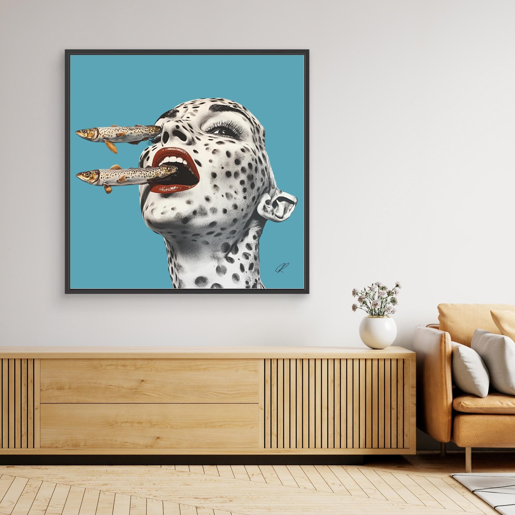 Canvas Print: Feral Instincts – Surreal Fish Art modern abstract canvas wall art by Rossetti Art – luxury interior design artwork for living room, bedroom, office – Contemporary Portrait Cyan Wall Decor Fish Wall Print