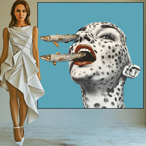 Canvas Print: Feral Instincts – Surreal Fish Art modern abstract canvas wall art by Rossetti Art – luxury interior design artwork for living room, bedroom, office – Contemporary Portrait Cyan Wall Decor Fish Wall Print