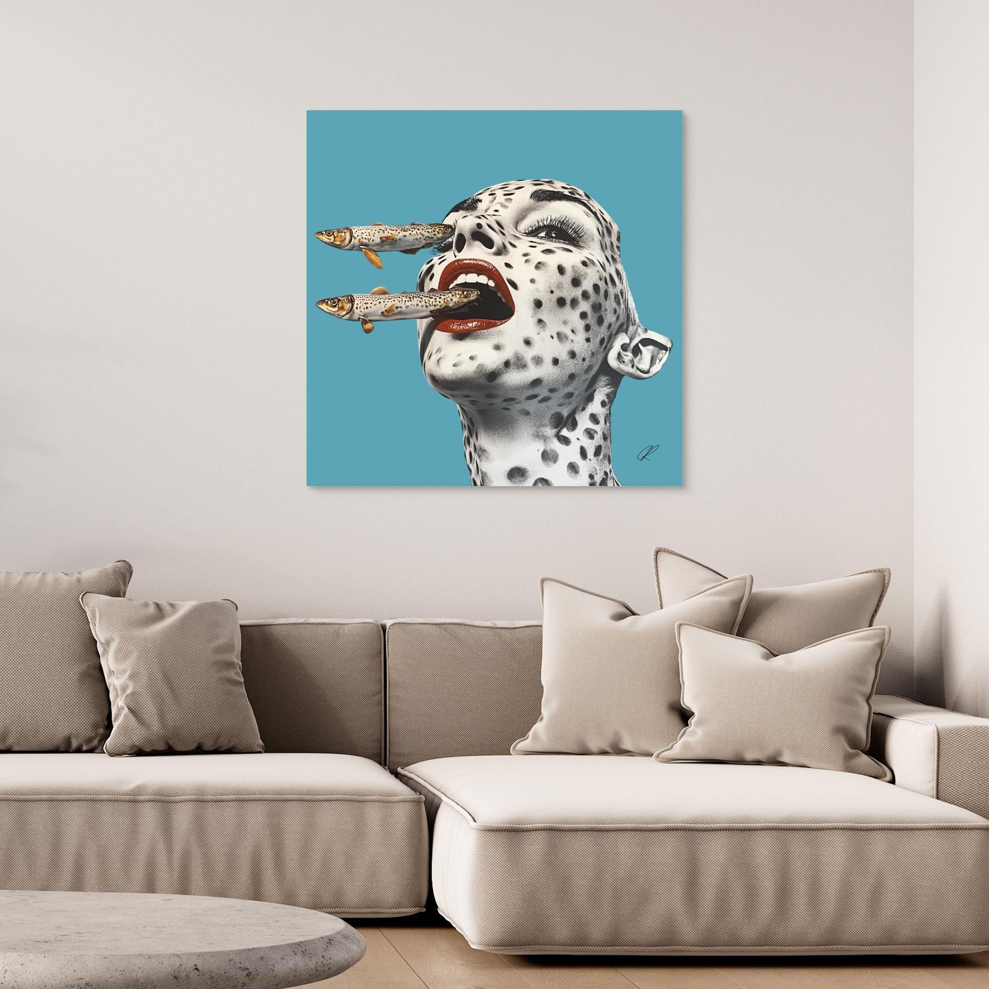 Canvas Print: Feral Instincts – Surreal Fish Art modern abstract canvas wall art by Rossetti Art – luxury interior design artwork for living room, bedroom, office – Contemporary Portrait Cyan Wall Decor Fish Wall Print