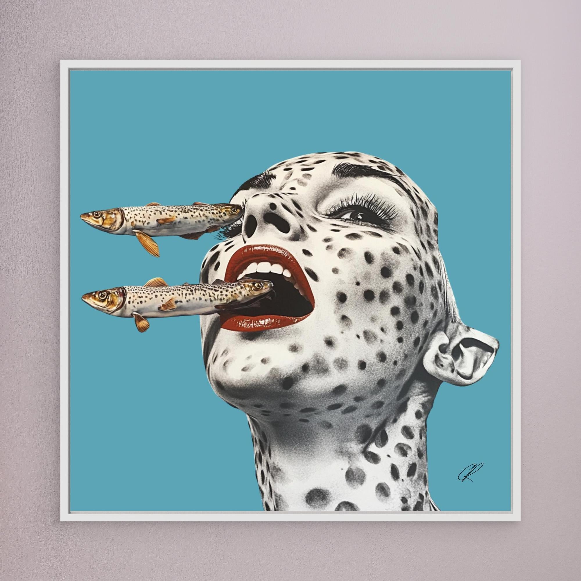Canvas Print: Feral Instincts – Surreal Fish Art modern abstract canvas wall art by Rossetti Art – luxury interior design artwork for living room, bedroom, office – Contemporary Portrait Cyan Wall Decor Fish Wall Print