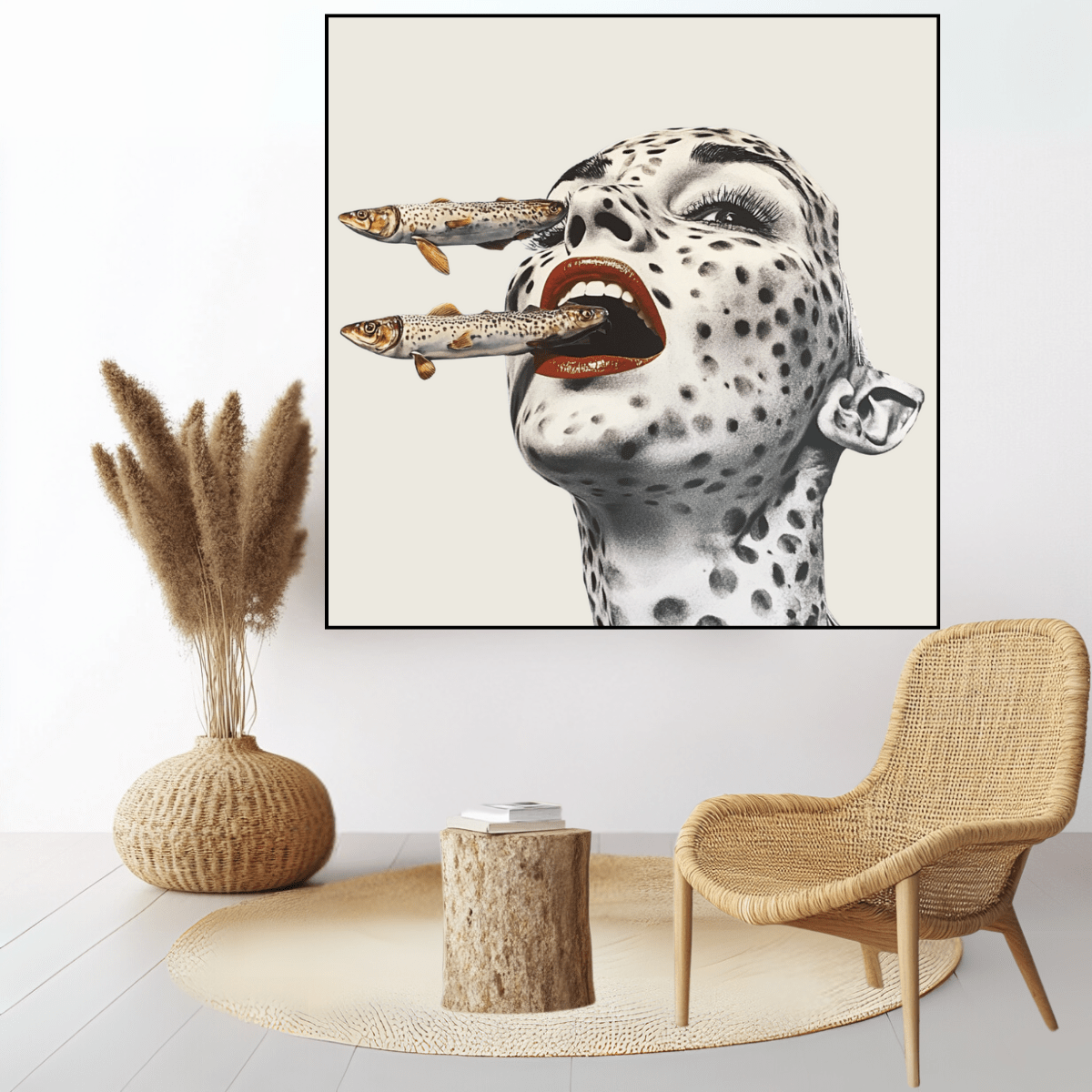 Canvas Print: Feral Instincts – Surreal Fish Art modern abstract canvas wall art by Rossetti Art – luxury interior design artwork for living room, bedroom, office – Contemporary Portrait Cyan Wall Decor Fish Wall Print