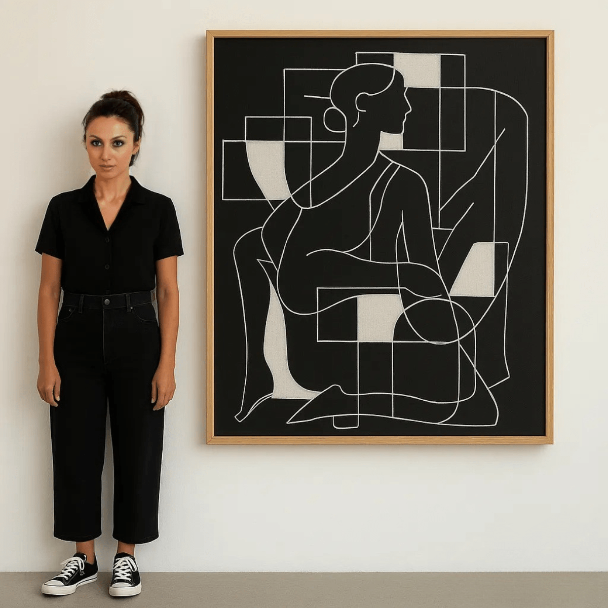 Canvas Print : Figure in Form – Minimalist Female Line Art on Black Canvas modern abstract canvas wall art by Rossetti Art – luxury interior design artwork for living room, bedroom, office – black and beige wall art Black And White Art Black and white artwork