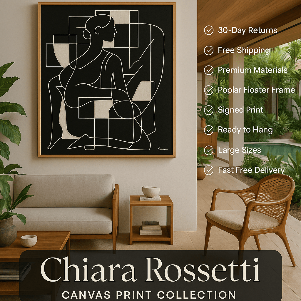 Canvas Print : Figure in Form – Minimalist Female Line Art on Black Canvas modern abstract canvas wall art by Rossetti Art – luxury interior design artwork for living room, bedroom, office – black and beige wall art Black And White Art Black and white artwork