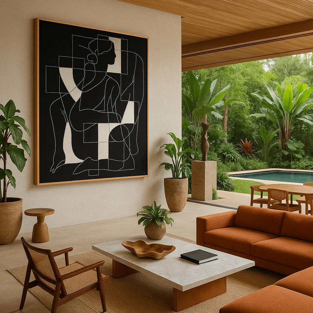 Canvas Print : Figure in Form – Minimalist Female Line Art on Black Canvas modern abstract canvas wall art by Rossetti Art – luxury interior design artwork for living room, bedroom, office – black and beige wall art Black And White Art Black and white artwork